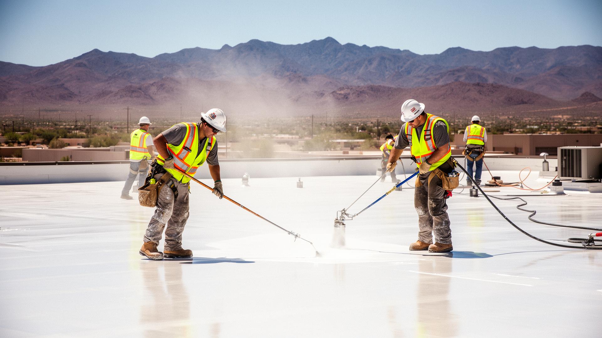 Imperplak Solutions crew applying high-solids silicone roof coating on a flat commercial roof in Scottsdale, Arizona